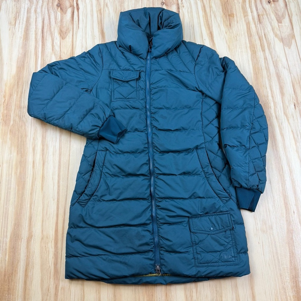 REI Women's Small Blue Green Goose Down Long Puffer Coat Winter Jacket Flaw
